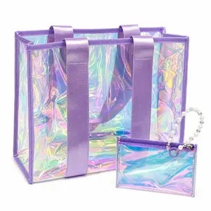 Waterproof Holographic Beach Bag Set, Large Purple Laser Transparent Tote Bag for Sandproof Swim Travel, 2-Piece Clear Pool Bag with Pearl Chain Privacy Pouch
