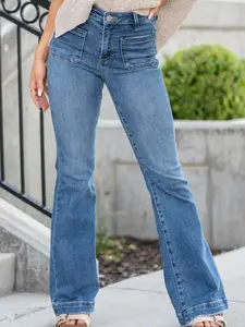 Women's Solid-Pocket Flare Leg Jeans - Casual Comfy Denim Bell Bottom Trousers with Great Fit, Womenswear Ladies Bottoms for Daily Wear