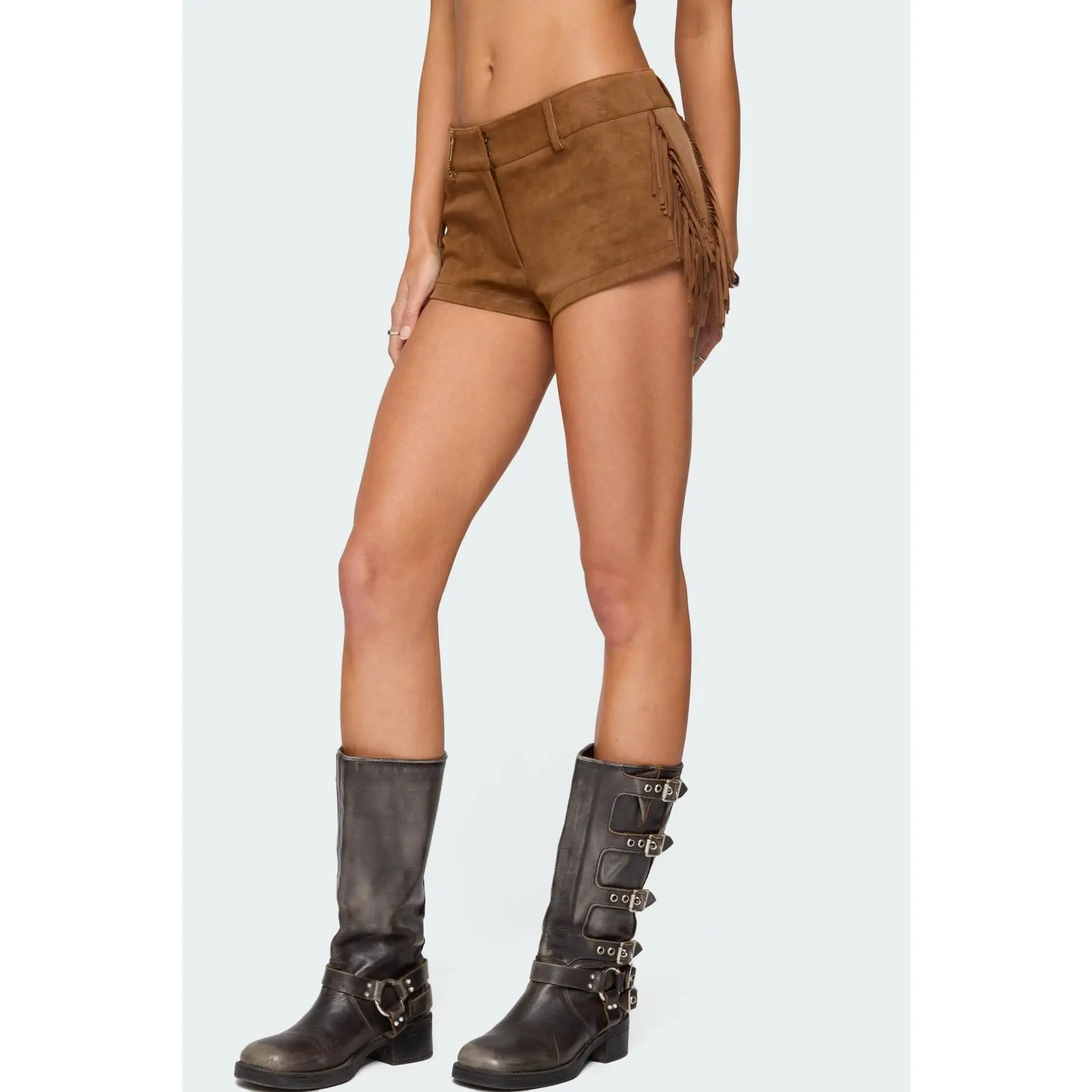 Women Faux Suede Fringe Mini Shorts Y2K Low Rise Tassel Side Micro Shorts Vintage Western Cowgirl Outfit Streetwear