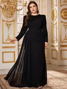 Women's Round Neck Sequined Long Sleeve Chiffon Top, Lightweight Lady Dress, Elegant Patchwork Design, Perfect for Formal Parties & Evening Wear, Fit, Elegance, Womenswear