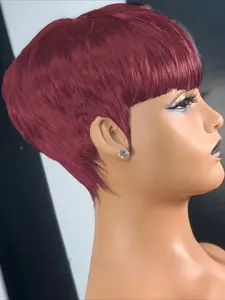 Straight Human Hair Wig with Bangs Pixie Cut Wig Full Machine Made Wig 150% Density 6 Inch