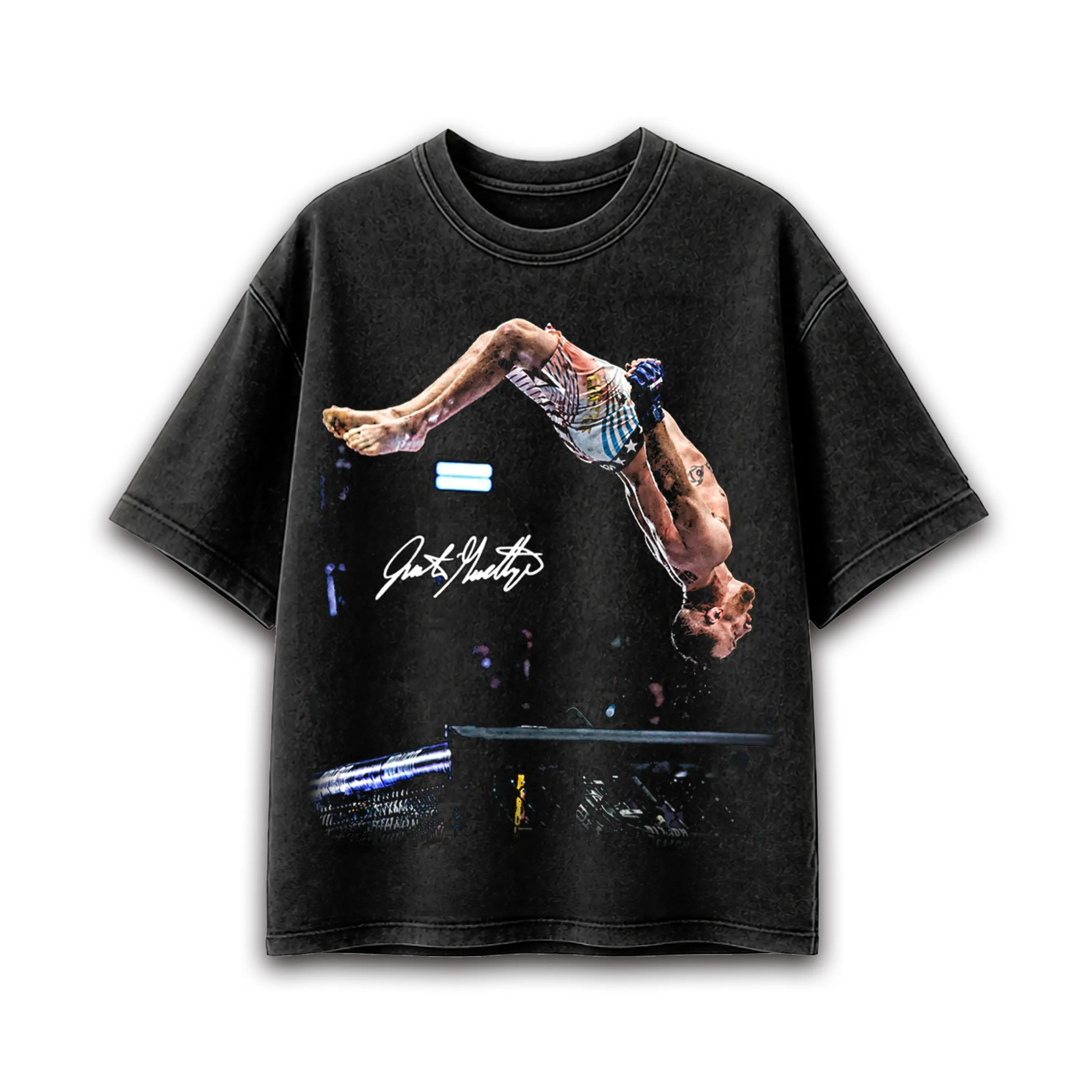 [Sale Up To 50%] Vintage Washed Black Mma Champion Fighter Graphic Tee Mens Casual Streetwear Hip Hop Urban Fashion Oversized Cotton Short Sleeve Top Heavyweight Apparel
