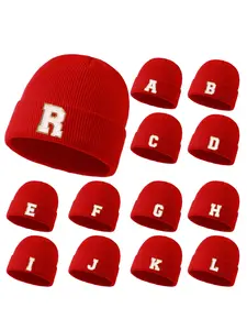 Unisex New Year Hat, 26 Alphabet Letters Colorblock Design, Sequin Patch Beanie for Streetwear & Parties, Fitted Winter Warm Knit Cap