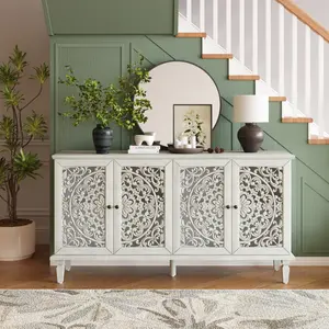 60" Antique Buffet Cabinet with Floral Carvings with Solid Wood Legs&Antique Brass Handles&Adjustable Shelves, TV Stand for 65''+ TV, Sideboard for Living Room,Dining Room (Antique Grey White)
