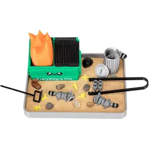 Dumpster Fire Zen Garden Desk Decor - 3D Print Plastic Miniature Sandbox with Raccoon & Flames, Humorous Office Stress Relief Gift, Includes Stones, Sand & Accessories