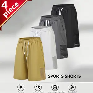 4-pack men’s quick-dry mesh athletic shorts — breathable, cool feel, high stretch casual mid-length shorts made from ice silk textured fabric with a high-stretch material and an elastic drawstring waistband; suitable for running, fitness, sports, cycling,