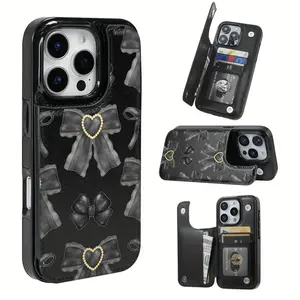 Black Pearl Bow Pattern Leather Card Holder Phone Case, Suitable for iPhone 17 Air/16 Plus/15 Pro Max/14 Pro/13/12/11/XS Max/X Phone Case, Best Choice for Gifts to Family, Friends, Lovers, Boyfriend, Girlfriend on New Year and Christmas