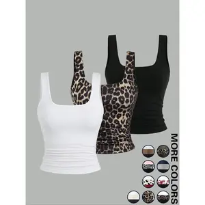 Women’s solid color/leopard print square-neck vest, casual sleeveless top, suitable for everyday wear, suitable for all seasons GARMENTARY