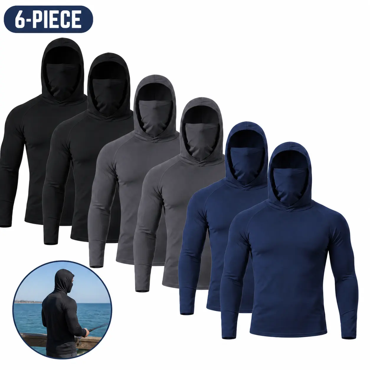 Men's Plain Stretchy Sun-Protective Fabric 3-Piece & 6-Piece Lightweight Hooded Workwear Sets with Built-In Face Cover, Long-Sleeve Pullovers for Construction, Outdoor Jobs,sohochic