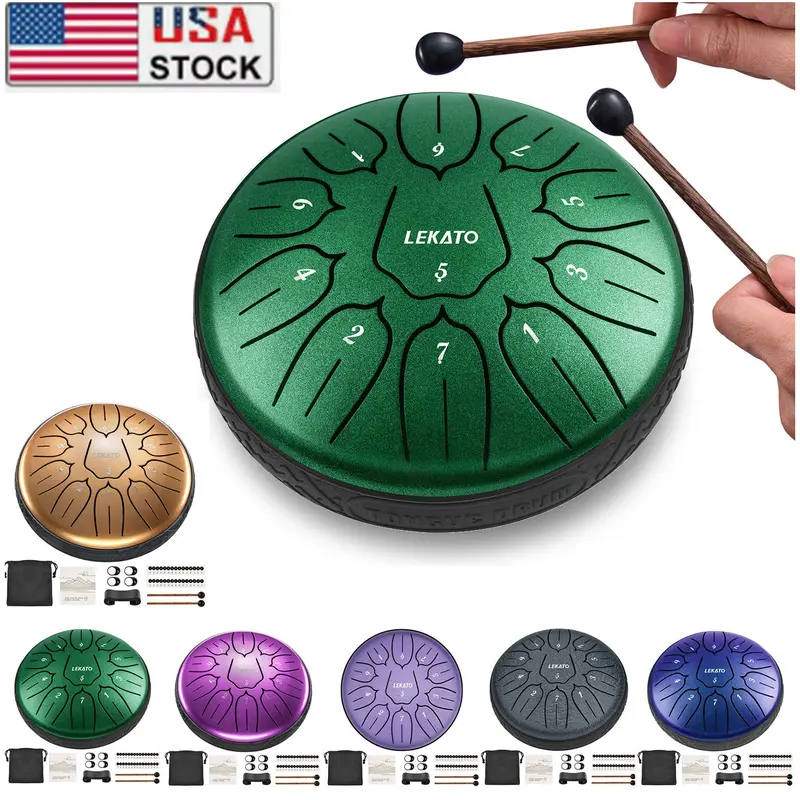 LEKATO 6in Alloy Steel 11-Tone D Major Tongue Drum Handpan Percussion Set - 1x Mallets Holder, 1x Drum Mallets Pair, 2x Tone Stickers, 4x Finger Picks, Rubber Rim, Safe Design, Storage Bag - Beginner Education, Zen Meditation Gift (Free Fast Shipping), 1
