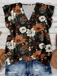 Women's V-Neck Retro Floral Print Casual Shirt Blouse, Loose-Fitting Flower Top for All Seasons, Stylish Women's Clothing for Everyday Wear