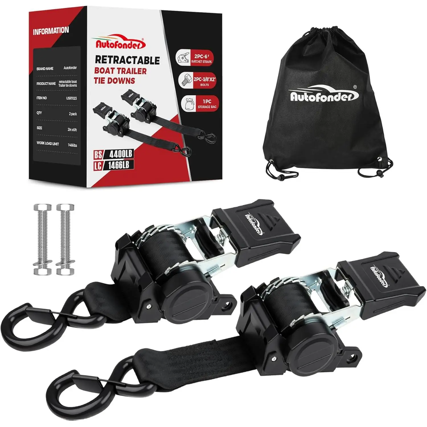 【CARHOME】2-Pack Retractable Boat Tie-Down Straps, 2" x 6' Heavy-Duty Polyester Transom Straps with Bolt-On Ratchets, 4,400 lb Break Strength, 3/8" Mounting Bolts and Storage Bag for Boats, Jet Skis and Marine Trailers