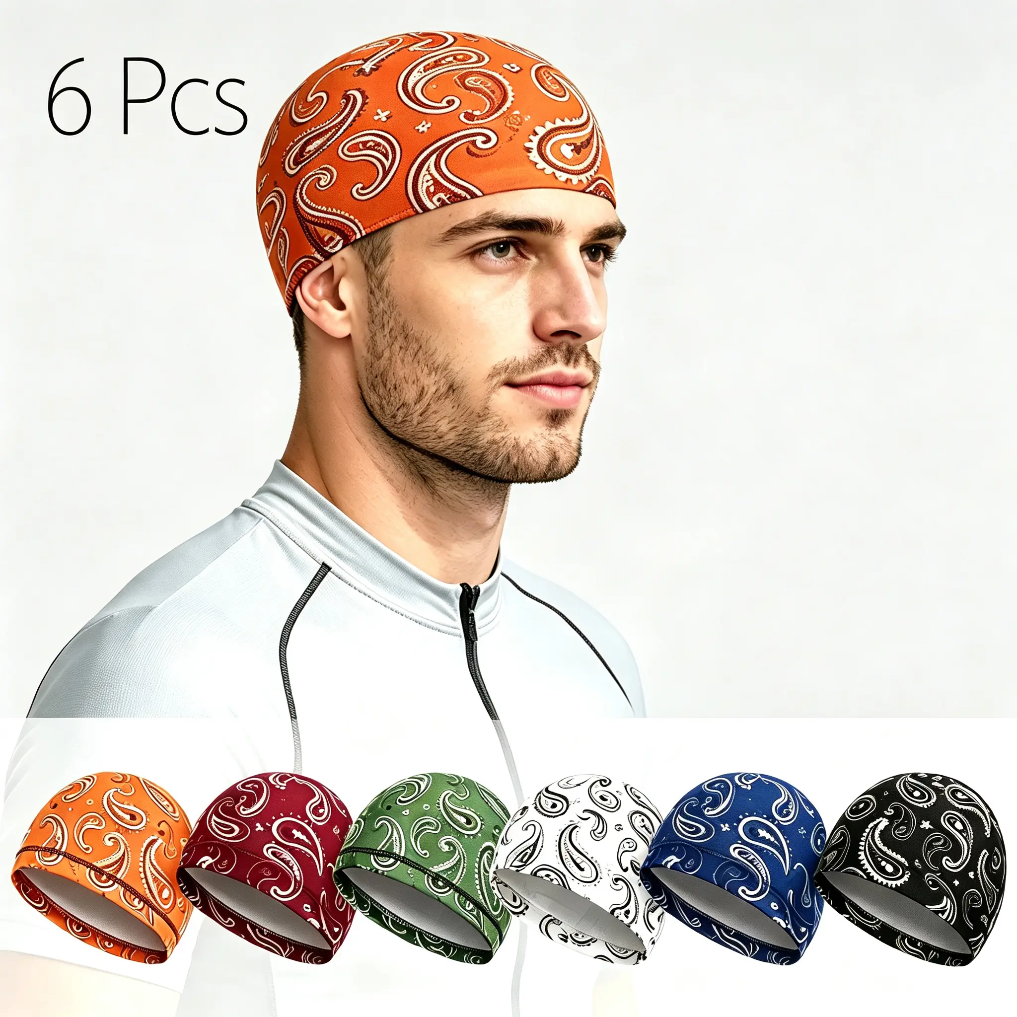 Men's 6-Pack Paisley Pattern Beanie Hats - Sweat-Wicking, Breathable, Cooling Helmet Liners, Adjustable, 1 Size Fits Most, for Cycling, Construction, Outdoor Hats, Beanie Hat Adjustable Cap