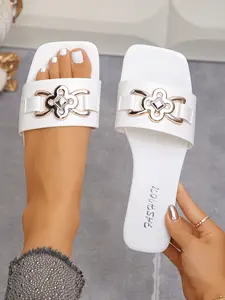 Women's Fashion Luxury Flat Summer Sandals, Chain Decoration, Square Toe Design, Multiple Colors Available, Casual Comfort Home Beach Party Shoes, Elegant Sandals, PU Leather Slides