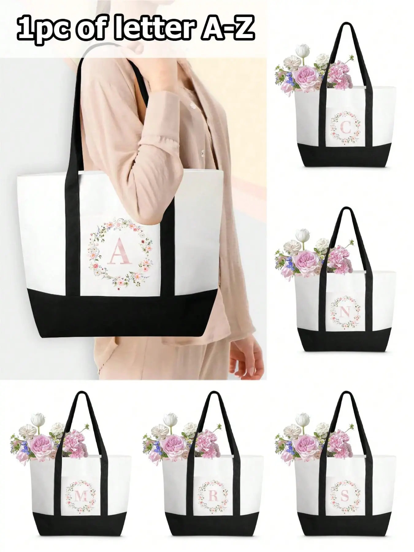 Women's Initial Letter Handbag, Flower Ring Alphabet A-Z Print Bag, Pocketed, Personalized Gift, Travel Organizer, Makeup Bag