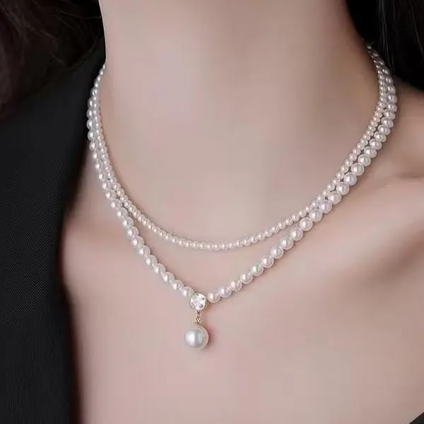Double Layered Pearl Choker Necklace for Women, 14K Gold Plated Graduated Pearl Strand Necklace with CZ Diamond & Drop Pearl Pendant, Elegant Bridal Wedding Statement Jewelry, Classic Pearl Necklace for Party & Daily