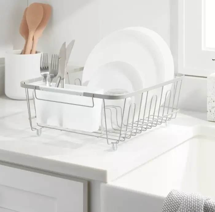 Small Dish Drying Rack with Utensil Holder, Freestanding Kitchen Dish Drainer for Countertop Storage