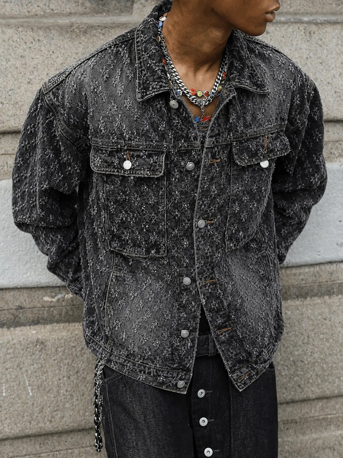 Men High Cotton Floral Textured Washed Denim Jacket Oversized Street Hip Hop Trucker Jean Coat for Spring Fall