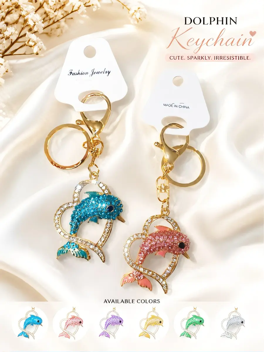 Dolphin Keychain - Cute Sparkly Irresistible Fashion Jewelry in Various Colors for Stylish Accessories