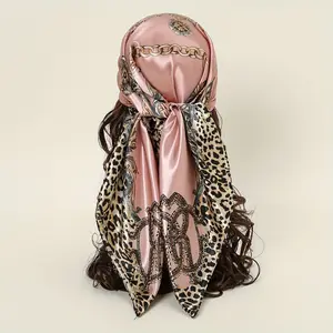 35.43" Leopard Chain Printed Square Scarf Classic Thin Smooth Satin Shawl Windproof Sunscreen Head Wrap For Women  Fashion