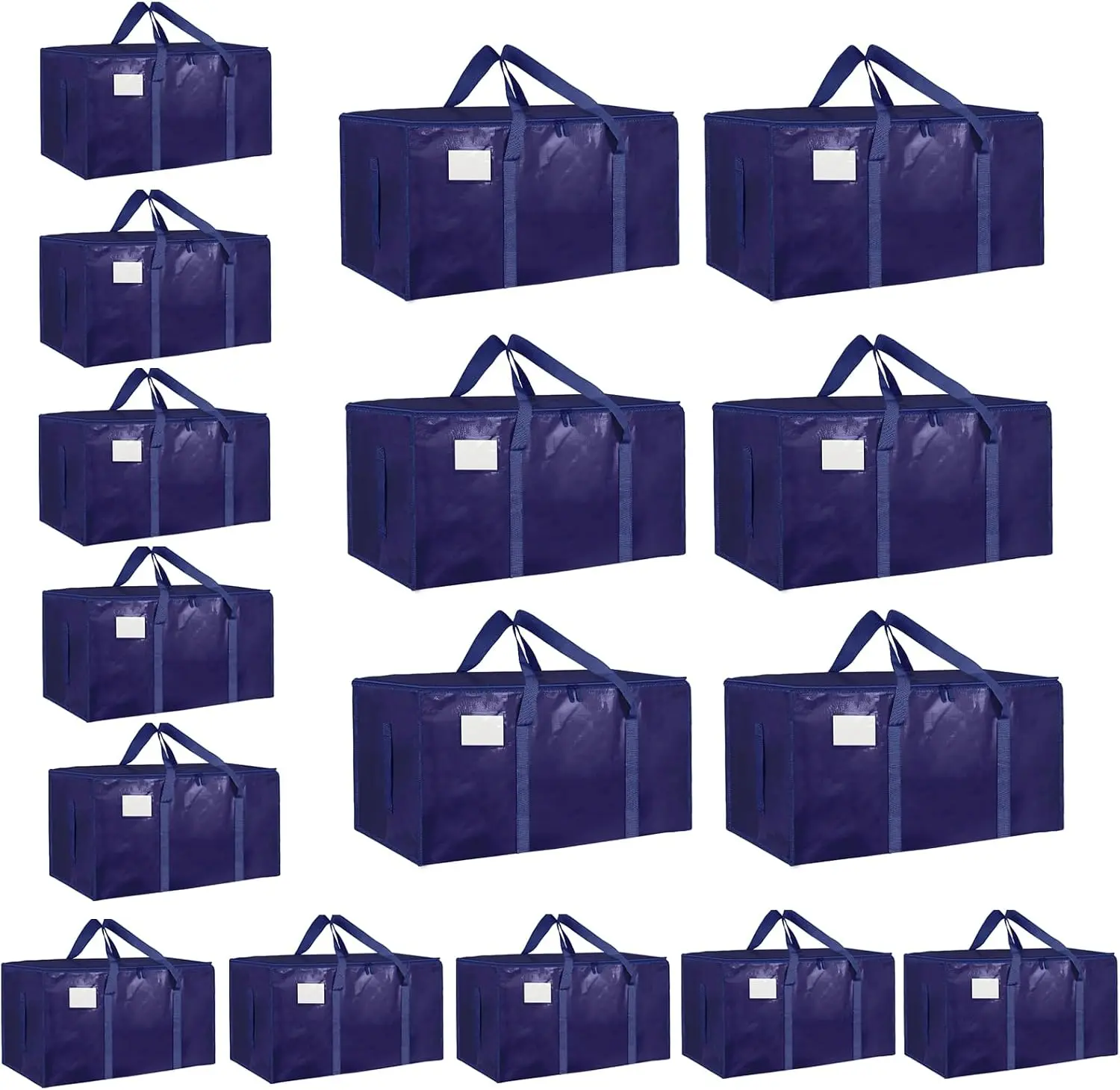 16 Pack Extra Large Heavy Duty Moving Bags, Waterproof Storage Totes with Handles and Zippers, Foldable for College Dorm and Storage, Dark Blue
