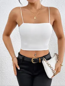 Women's Solid Color Crop Cami Top, Casual Basic Spaghetti Strap Sleeveless Short Cropped Top for Summer, Fashion Women's Top for Daily Wear
