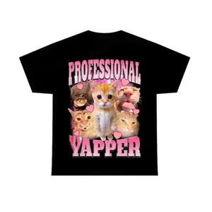 Yapper brand professional Yapper shirt, fun cat pattern T-shirt, cute pattern T-shirt, 100% pure cotton, women's top, classic cut, standard size, women's medium size