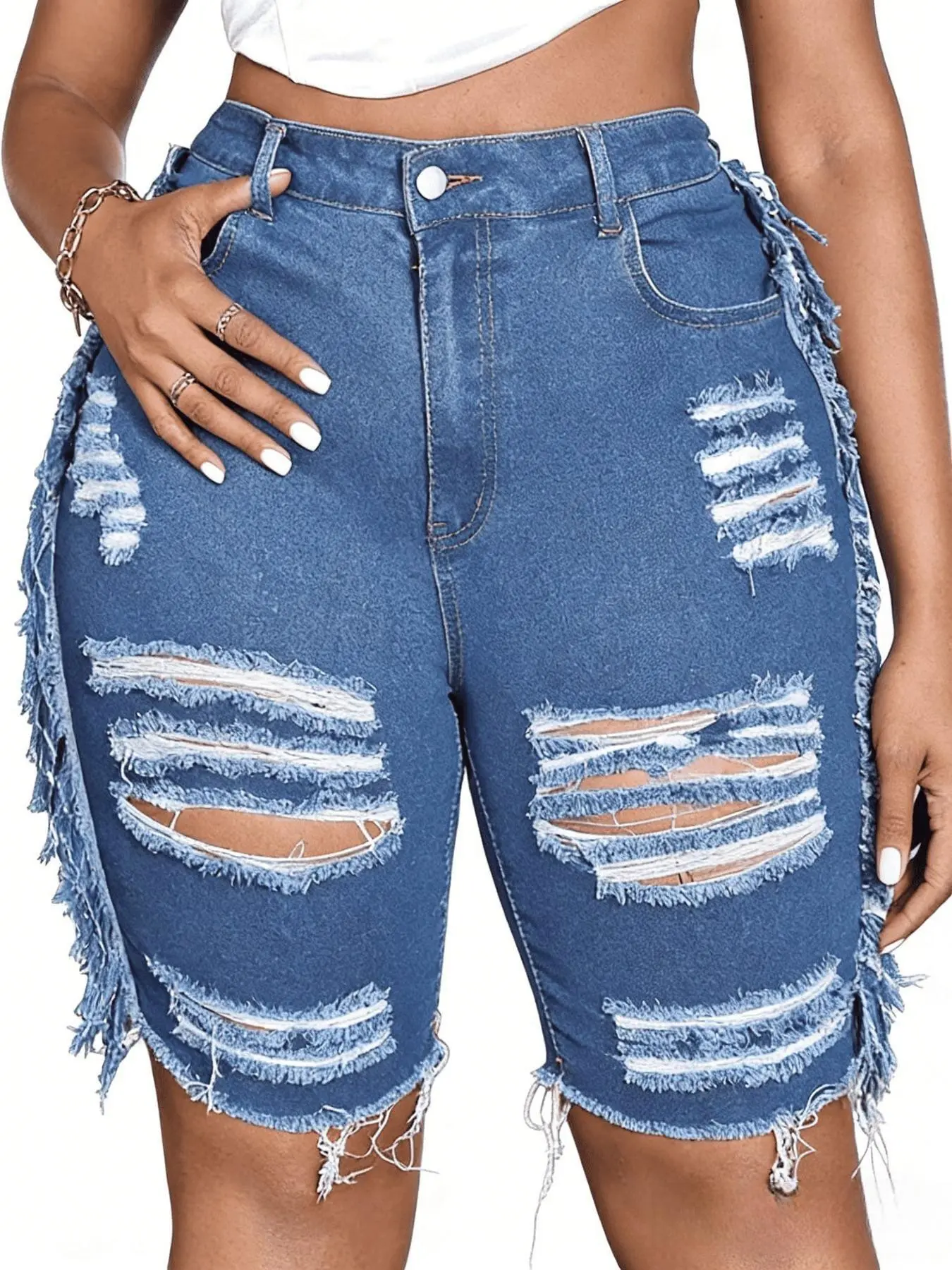 Plus Size Women's Solid Ripped Jean Denim Shorts with Zipper, Street Fashion Inspired Casual Wear, Stylish, Aesthetic, Comfortable Fit Plus Size Bottoms, Denim Festival Shorts