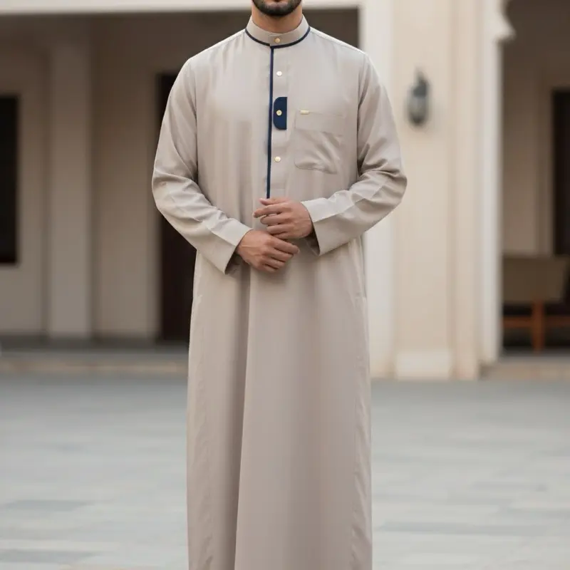 Men's Thobe Qatri Style Traditional Long Sleeve Gray Islamic Clothing for Men