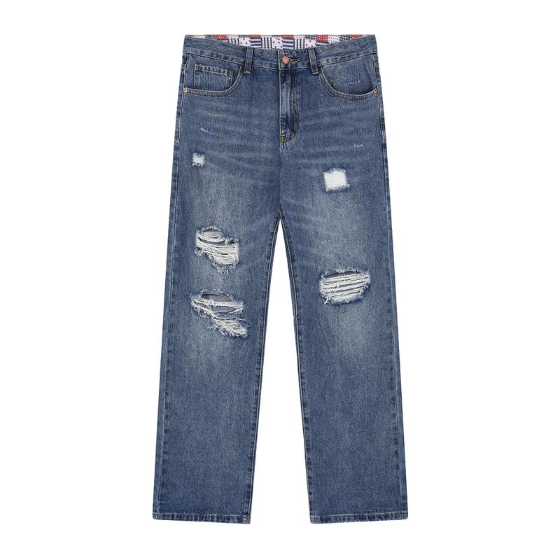 MZNBURAM Men's Ripped Non-Stretch Relaxed Fit Straight-Leg Denim Pants Jeans-Menswear Streetwear Trouser