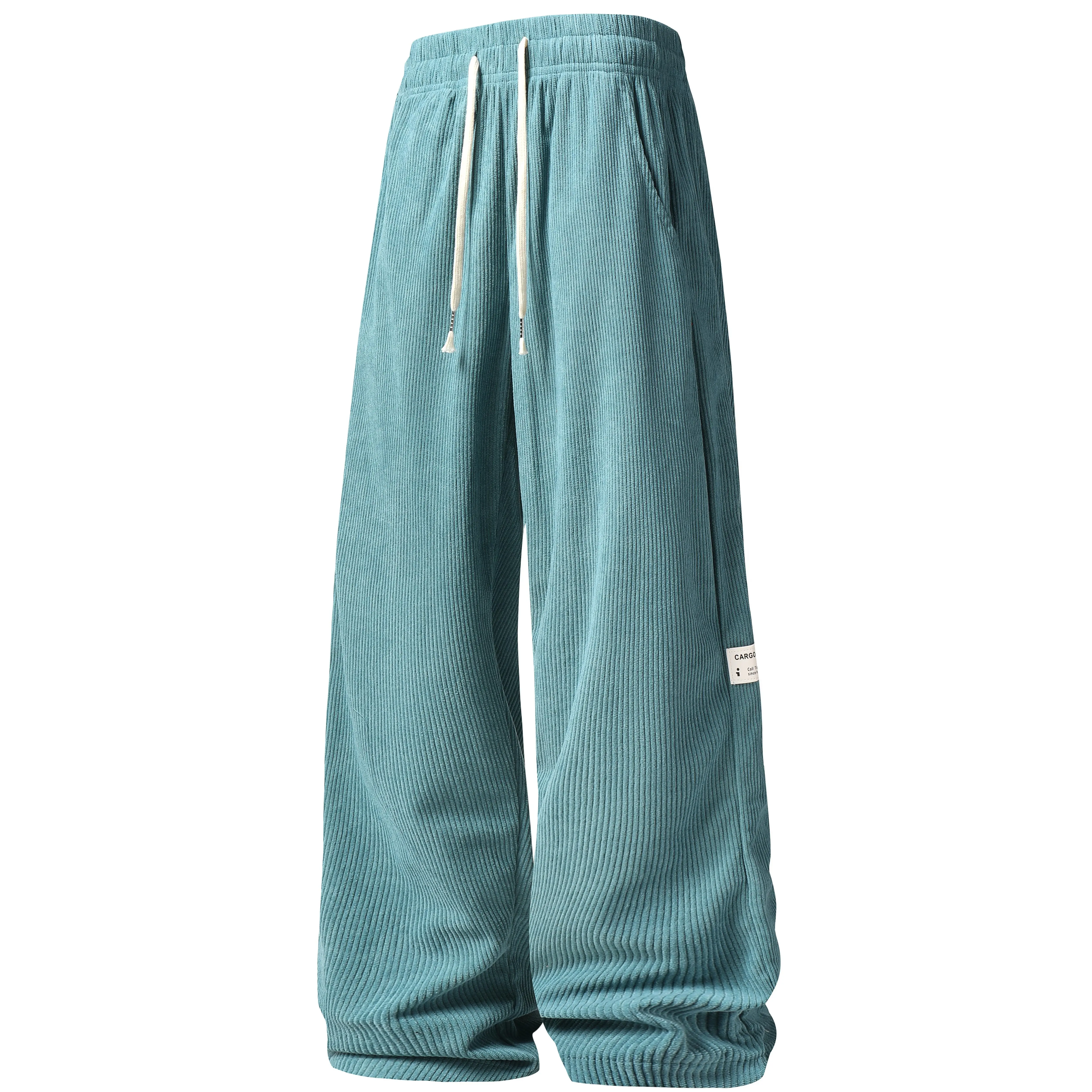 Men’s corduroy wide-leg pants with elastic waistband, contrast drawstring, label decoration, loose casual streetwear trousers