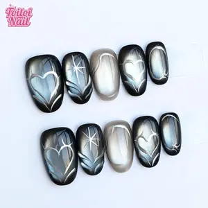 Dark Heart Handmade Press-On Nails | Short Square Shape, 10pcs | Edgy Y2K Dark Heart Design | Black Silver Cat Eye Gradient & Hand Drawn Heart/Star/Curve & High Gloss Accents | Reusable DIY Nail Kit for Women | Trendy Nails for Spring, Summer, Parties