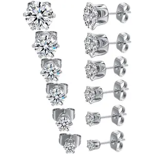 6 Pair Graduated Stud Earrings,GEMSME Round Cubic Zirconia Stud Earrings Pack of 6 E-0980-W
