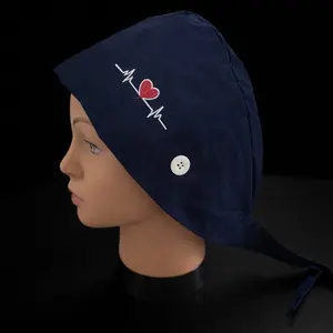 Bouffant Scrubs Caps Navy Blue & Black with Heartbeat Embroidery and Button Closure for Medical Professionals