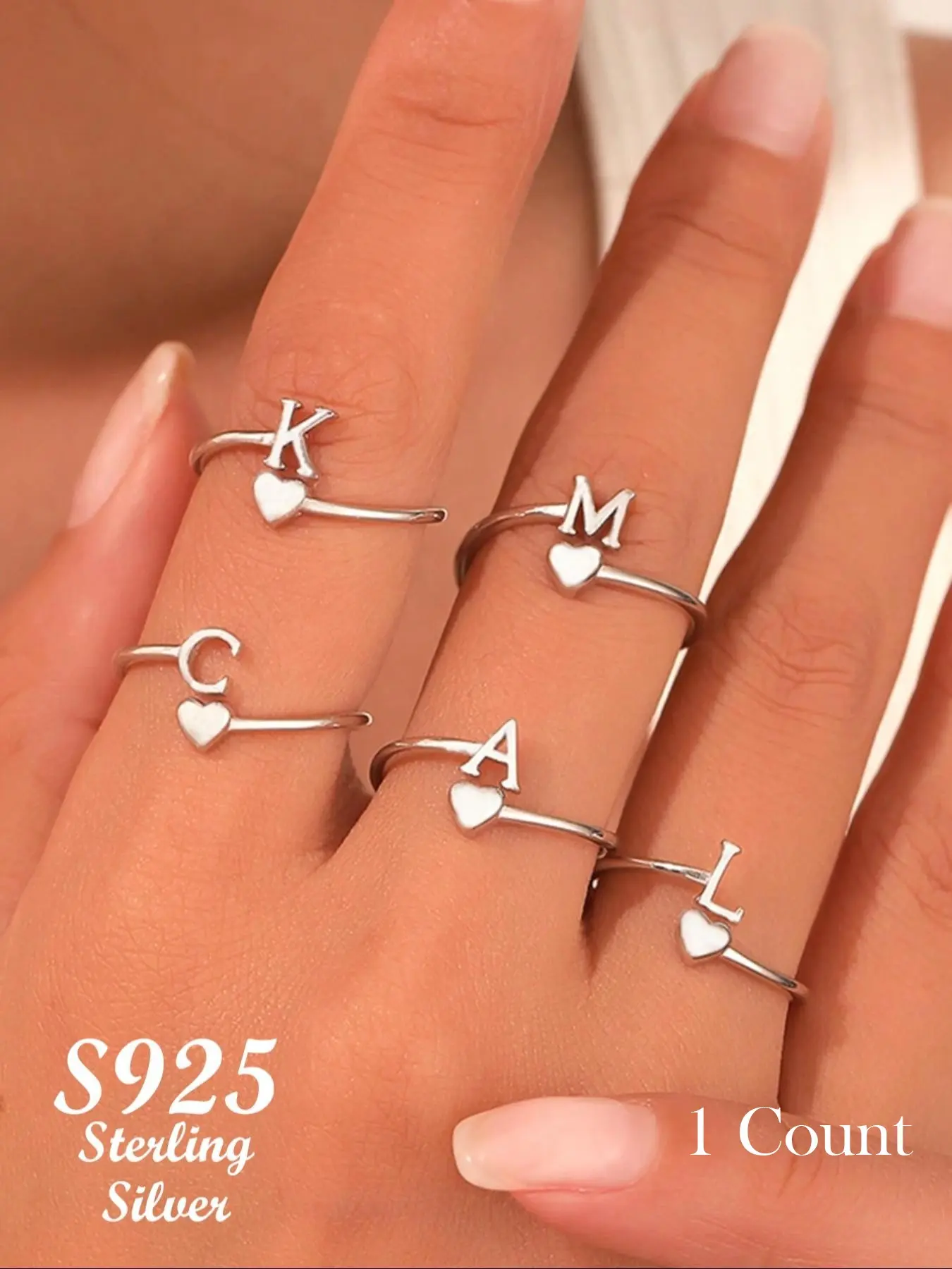 925 Sterling Silver Fashion Alphabet Design Ring, Personalized Alphabet Ring, Letter Band Rings, Heart Initial Rings, Heart Design Ring for Women & Girls, Trendy All-match & Exquisite Jewelry for Birthday Gift