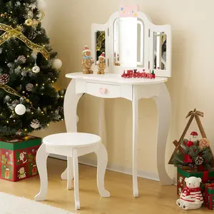 Children's Dressing Table with LED Light, Stool Dressing Table for Girls Dressing Table with Drawer for 4-9 Years