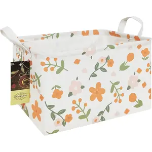 Rectangle Storage Basket Cute Canvas Organizer Bin for Pet/Children Toys, Books, Clothes Perfect for Rooms/Playroom(Rec-Orange Flower)
