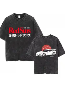 Anime Initial D Drift AE86 Vintage Washed T-Shirt - Men'S & Women'S Oversized Retro Japanese Racing Graphic Tee with Red Suns Logo & AE86 Drift Car Design, Machine Washable, Loose Fit, Crew Neck, Durable Fabric, Perfect For Adults