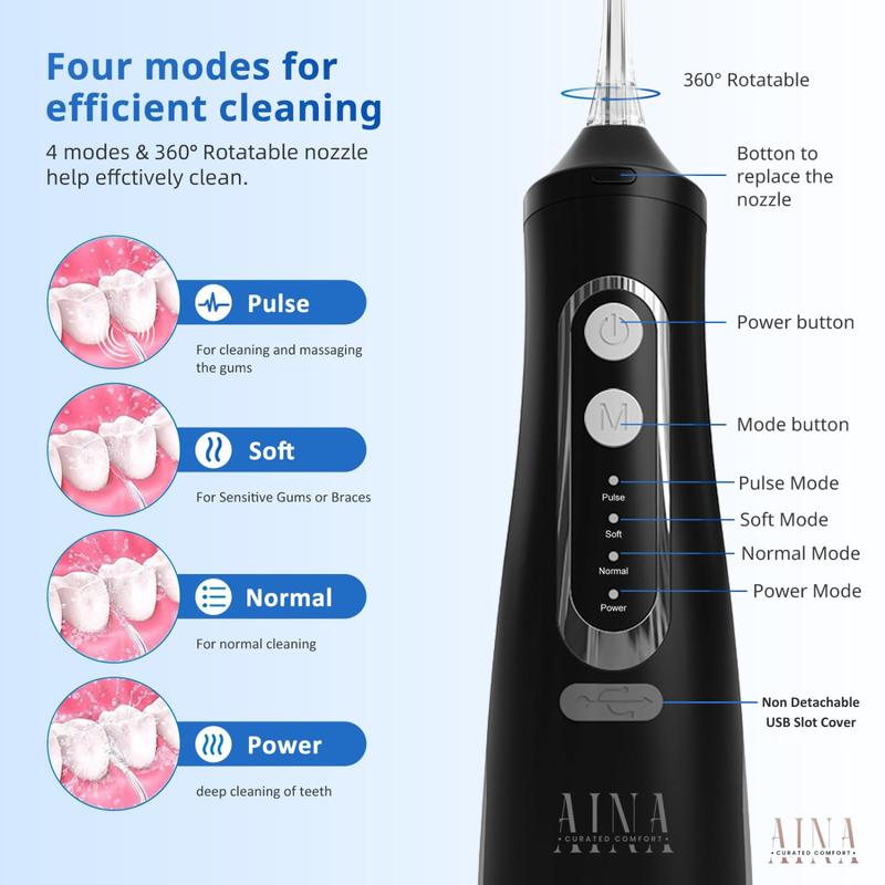 AINA  All-in-1 Water Flosser & Brush - 4 Modes, 6 Jet Tips, 310ml Large Tank & braces tips - Cordless Portable Rechargeable Oral Irrigator for Home & Travel - IPX7 Waterproof Dental Cleaning (Black)