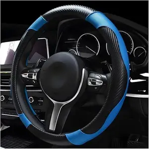 15 Inch Car Steering Wheel Cover, Carbon Fiber Leather Anti Slip Breathable Steering Wheel Protector, Elastic Universal Fit Wheel Cover with Stylish Stitching for Most Cars, Interior Decor Accessory