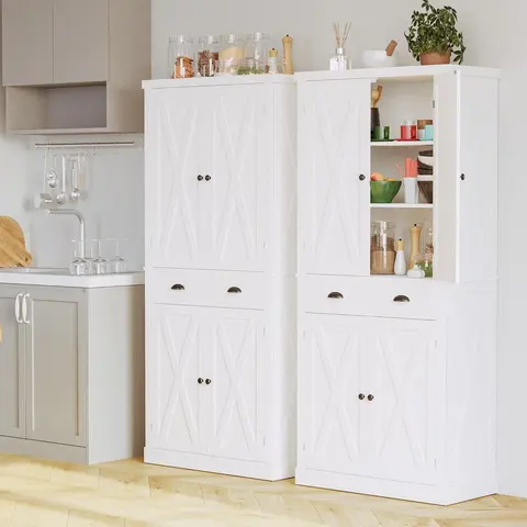 IRONCK 72.6in High Farmhouse Storage Cabinet, Sturdy MDF Freestanding Tall Cupboard with Double Barn-Door Charm, Hideaway Drawer, 4 Adjustable Shelves, Modern Sideboard for Dining/Living Room, Easy Assembly, Country Farm Theme Furniture