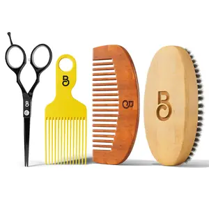 Beard Brush Kit & Pick with Beard Pick, Beard Trimming Scissors, Wood Brush, Wood Comb