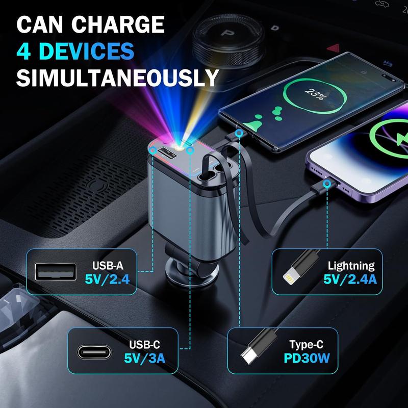 Car Charger with Starlight, 4 in 1 Retractable 66W USB C Car Charger with 2 USB Ports, Fast Car Charger Compatible with  iPhone 16 and Android