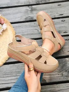 Thick Sole Hand-Stitched Roman Sandals, Wedge Heel Velcro Casual Holey Shoes, Lightweight Hollow Out Braided Toe Women's Sandals