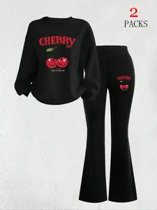 Spring & Fall Fashion Street Style Cherry Letter Print Round Neck Long Sleeve Loose Sweatshirt + Flared Pants Set, Women's Casual Two-Piece Streetwear Outfit