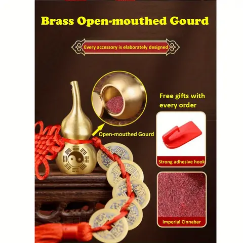 Brass Metal 5-Emperor Coins Feng Shui Ornaments Set - Openable Gourd, Yin-Yang Wealth Charm, Includes Hooks, Vermilion Powder, Beads, Boosts Home Prosperity, Classic Chinese New Year Decor