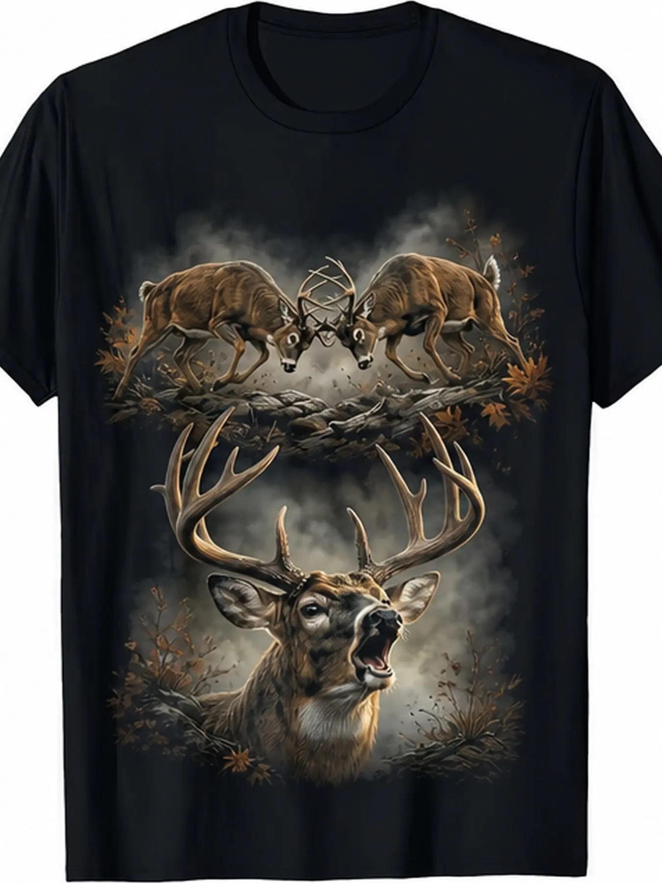 Clashing Buck Roaring Big Antler Whitetail Deer Forest Graphic Men Tee