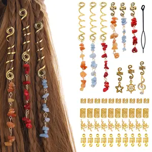 49Pcs Natural Stone Hair Jewelry Set with Gold Spiral Clips Leaf Pendants and Cuffs for Braids Dreadlocks Perfect for Festivals and Boho Hairstyles Great for Adding Colorful Vibes to Your Hair