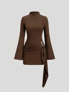 Women's Slim-Fitting Dress, Long Sleeve, Chic Elegant Formal Plain Design, Perfect for Casual & Formal Occasions, Comfortable All-Season Wear