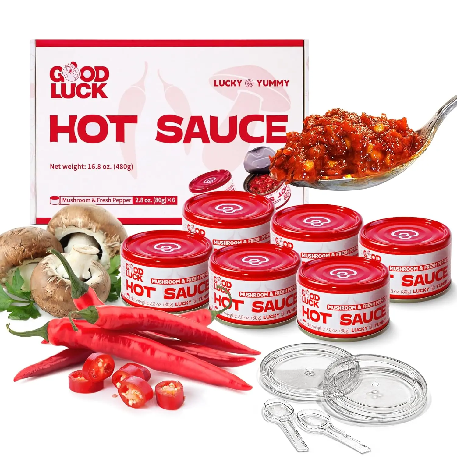GOOD LUCK Hot Sauce, Spicy Chili Oil with High-Grade Chopped Chili – 6 Cans Chili Paste, Vegan-Friendly, Ideal for Daily Meals, Outdoor Travel & Family Meals Highly Spicy Chili Sauce